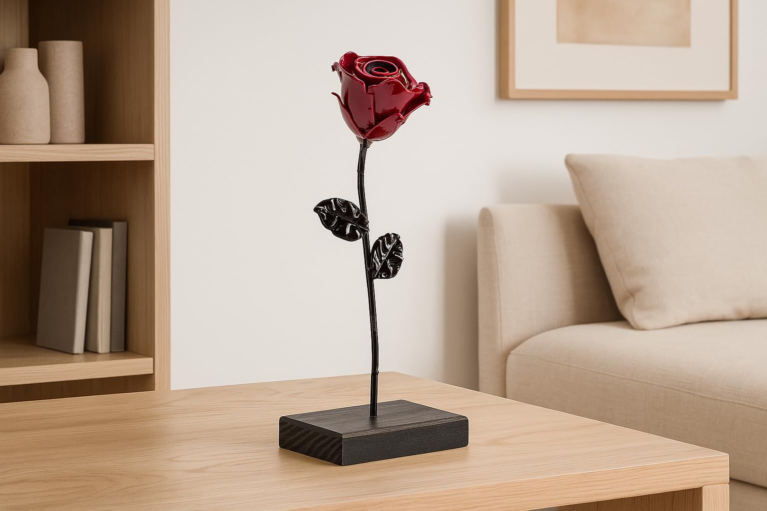 Forging Art Bcn® Ewige Rose aus Schmiedeeisen mit Fußgestell - Handgeschmiedet - Geschenk zum Muttertag, Valentinstag, Hochzeitstag, Eiserne Hochzeit (Rot/Schwarz mit Sockel)