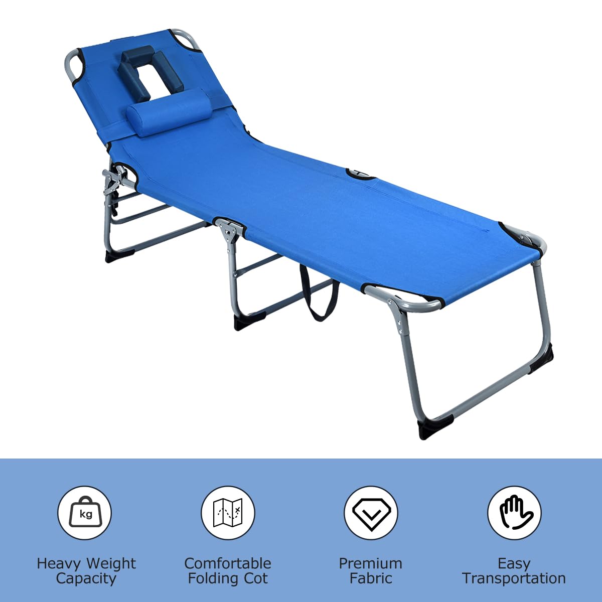 KOMFOTTEU Leżak do opalania, składany leżak z regulowanym oparciem, otwór na twarz i poduszkę, leżak plażowy do ogrodu, na plażę, basen, 194 cm x 60 cm x 36 cm (niebieski)