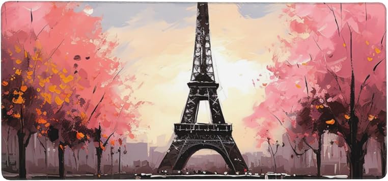 Large Gaming Mouse Pad with Non-Slip Rubber Base, Oil Painting Paris Eiffel Tower Mouse Mat with Stitched Edge, Extended Desk mat for Laptop Desk Pad 15.7"x35.4", Desk Writing Pad for Office and Home