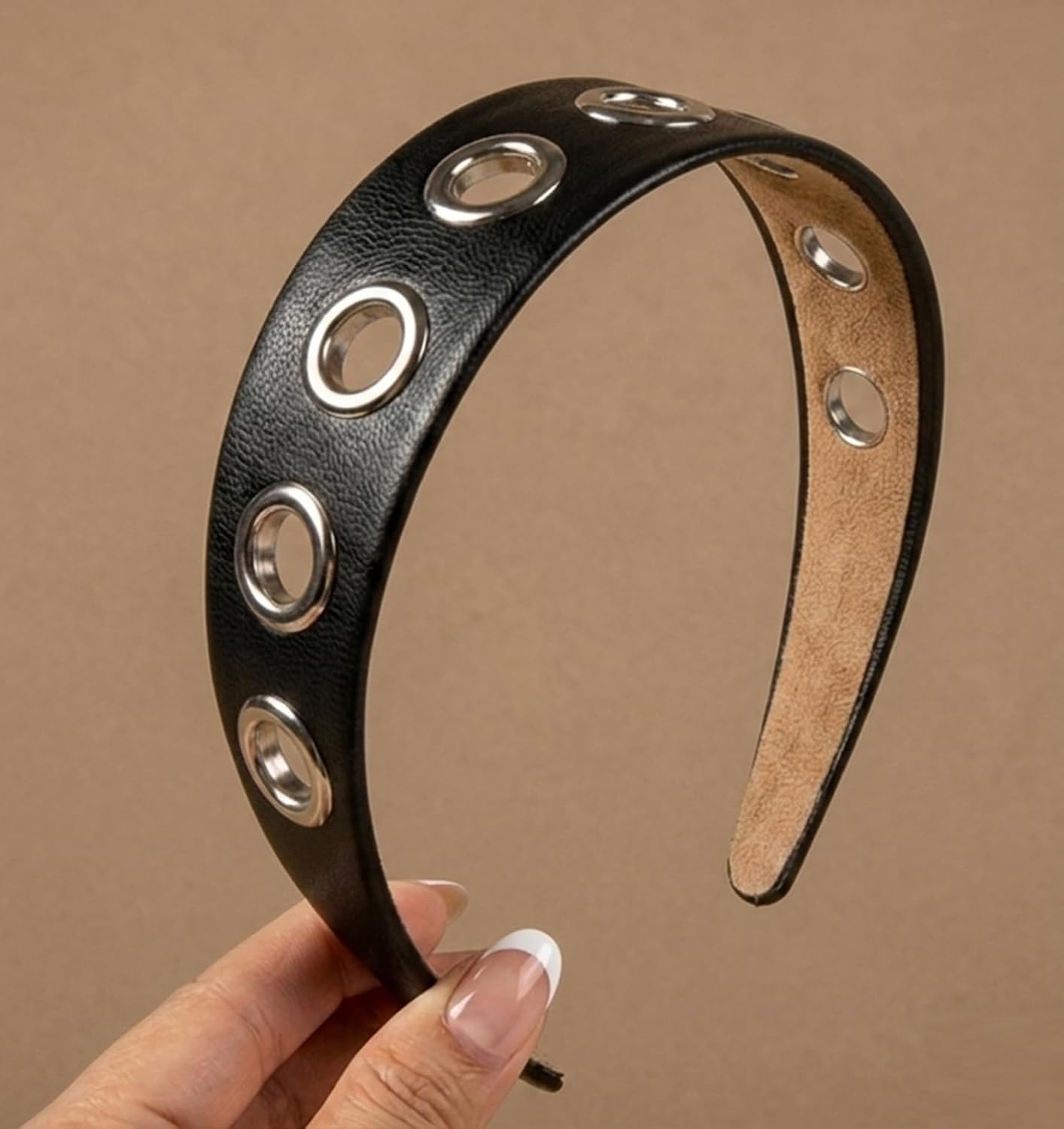 Huachi Grommet Headband for Women Trendy Y2K Aceessories: 1.5 inch Wide Headband with holes, Eyelets Punk Grunge Thick Hairband Black