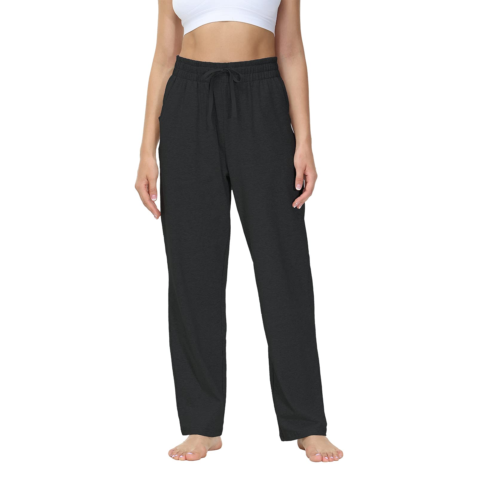 HMIYA Jogginghose Damen Baumwolle Freizeithose Lang offenem Boden Yogahose Sporthose Geradem Bein Hose mit Taschen