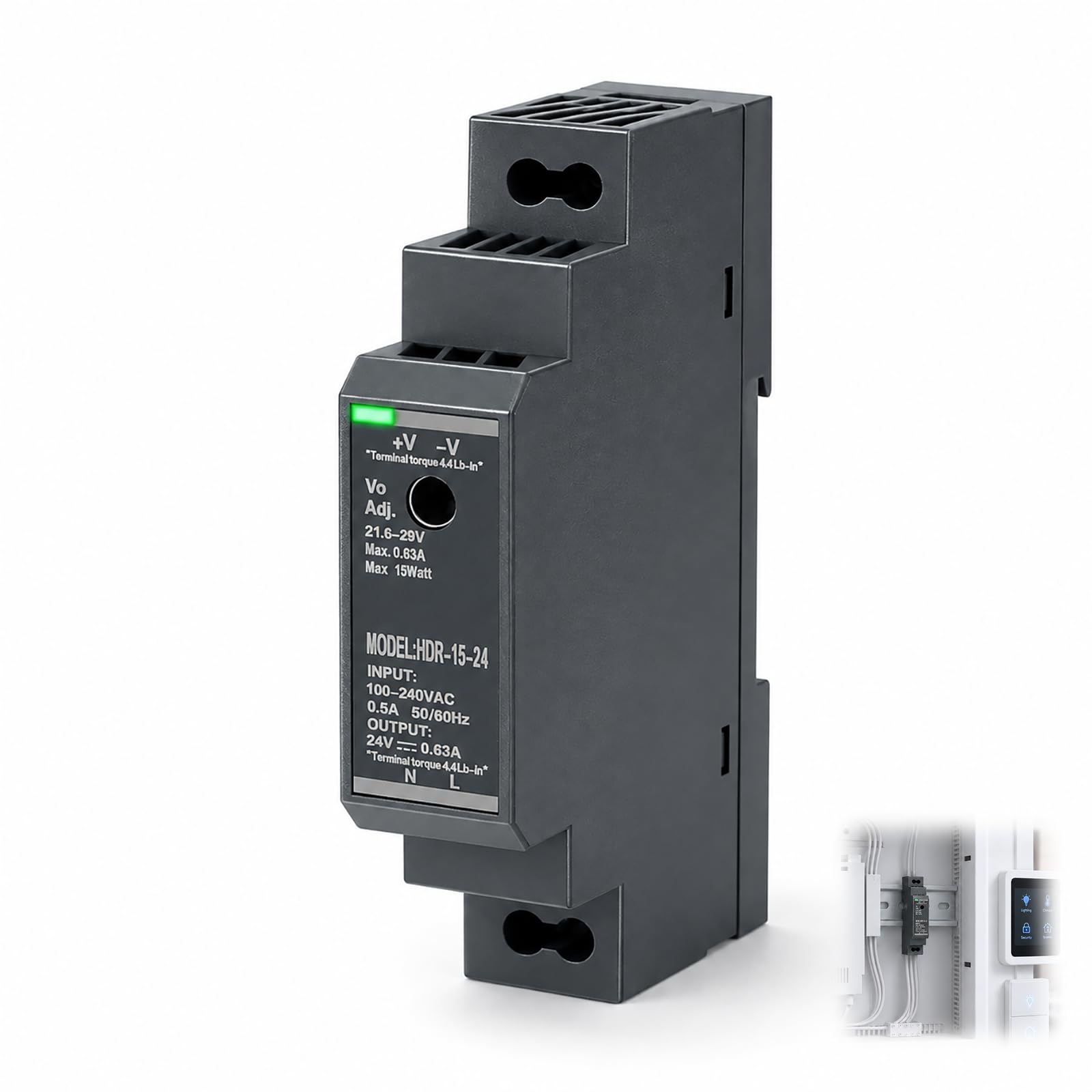 Hutschienen Netzteil 24V 0,63A 15W, DIN Schienen Netzteil Schaltnetzteil AC 100–240V auf DC 24V mit Schutzfunktionen, Kompaktes Stromversorgungsmodul für Schaltschrank Automatisierung