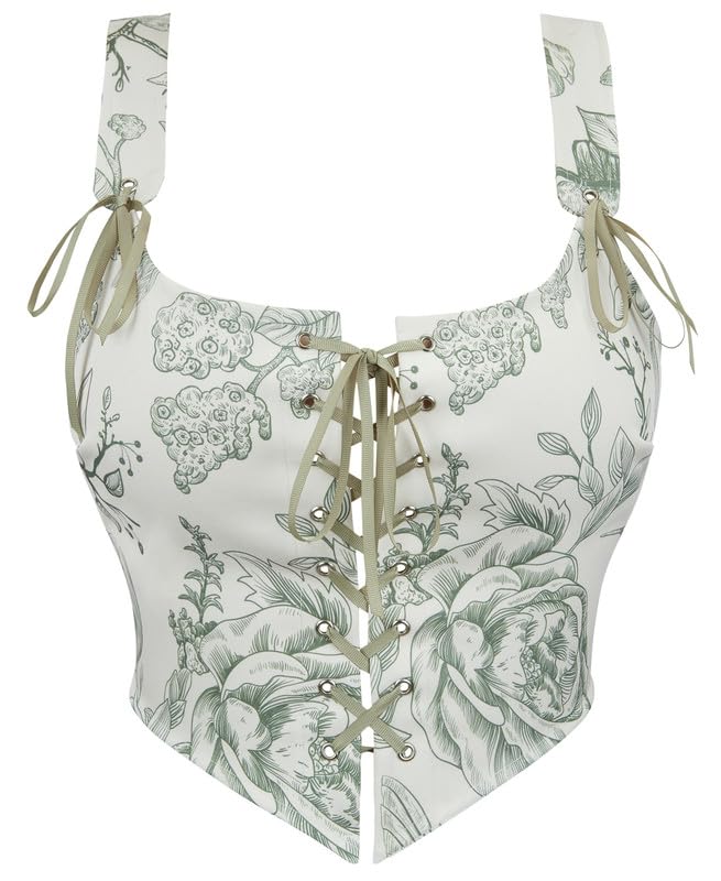 Dreay Womens Vintage Floral Print Grommet Lace Up Tie Front Corset Bustier Shapewear Top