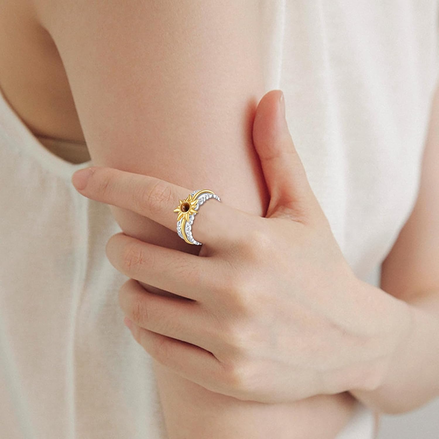 VONALA Gold Plated 925 Sterling Silver Sun Fidget Rings for Anxiety Tiger Eye Spinner Rings for Women Anti Stress Mood Rings Gifts Band Wide - Image 6