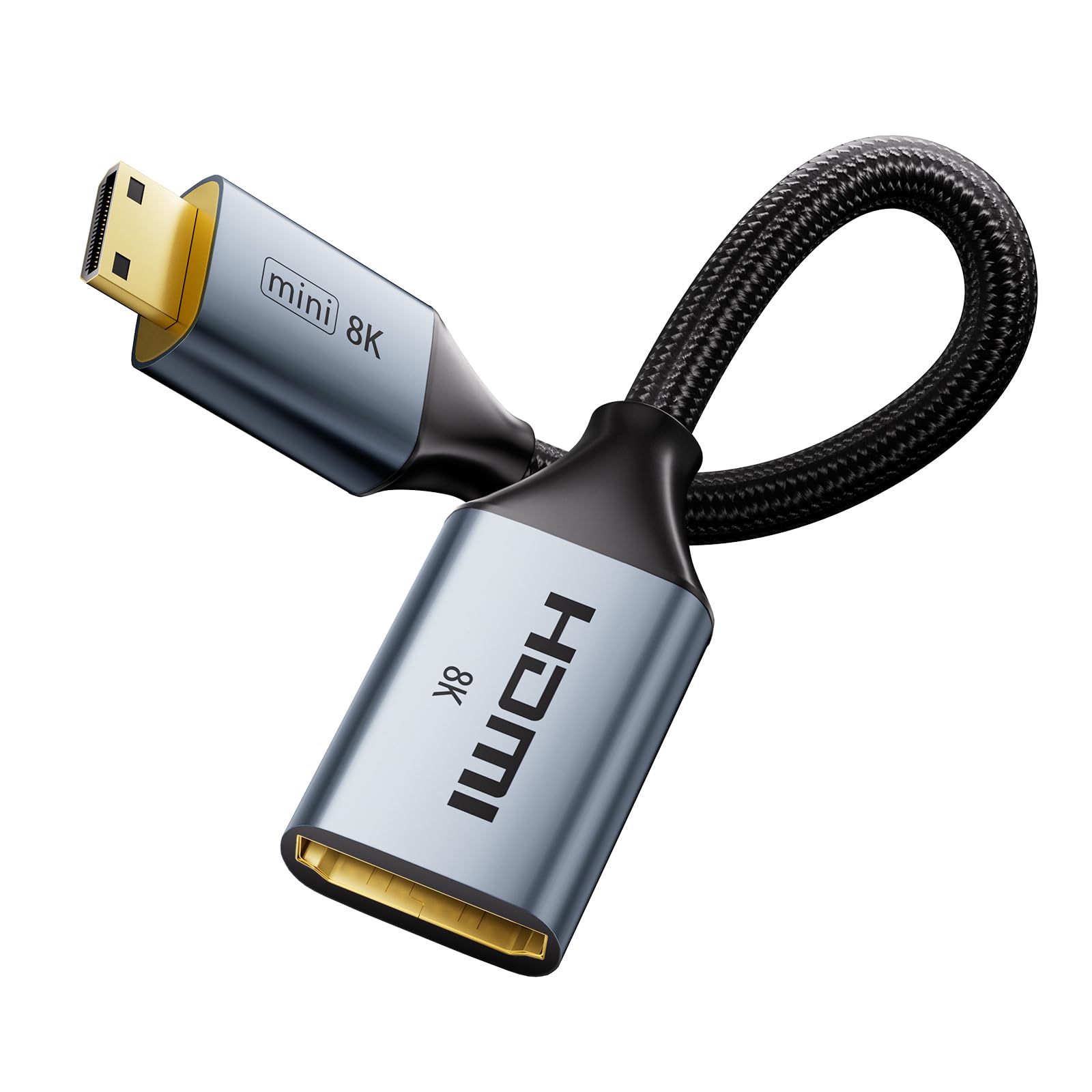 VCELINK 8K Mini HDMI auf HDMI Adapter 2.1, 8K@60Hz/4K@120Hz Vergoldet Mini HDMI Stecker auf Standard HDMI Buchse, 18cm Adapter Kabel mit HDR 3D, kompatibel mit Kamera, Tablet, Monitor, Projektor