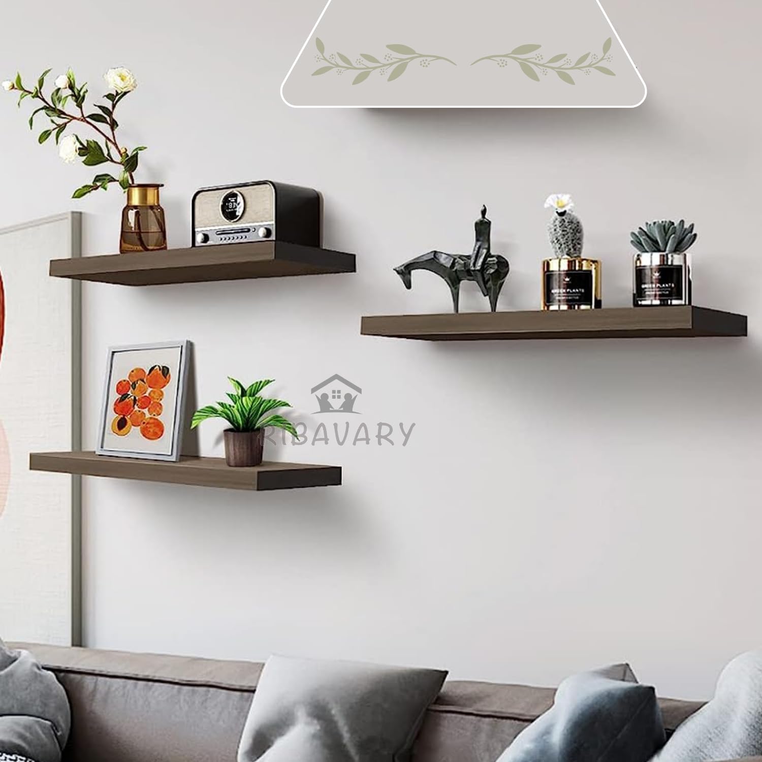 RIBAVARY® Wooden Wall Decoration Wall Mounted Floating Shelves, Wall Rack Shelves for Bedroom/Living Room/Bathroom/Kitchen Decor | Wall Brackets for Home Decoraton.(Set of 3) (Brown) (B0CB73JVLQ) Amazon Price History, Amazon Price Tracker