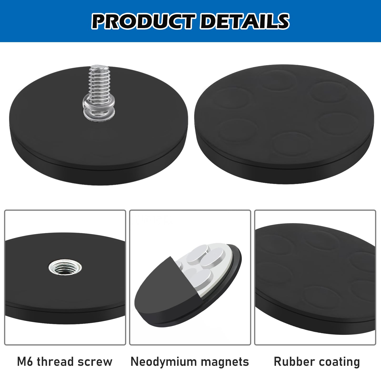 4 magneti al neodimio gommati Ø 66 mm, magnete con filettatura al neodimio 17 kg, magneti rotondi in gomma con filettatura esterna M6, magneti gommati, per veicoli e apparecchi