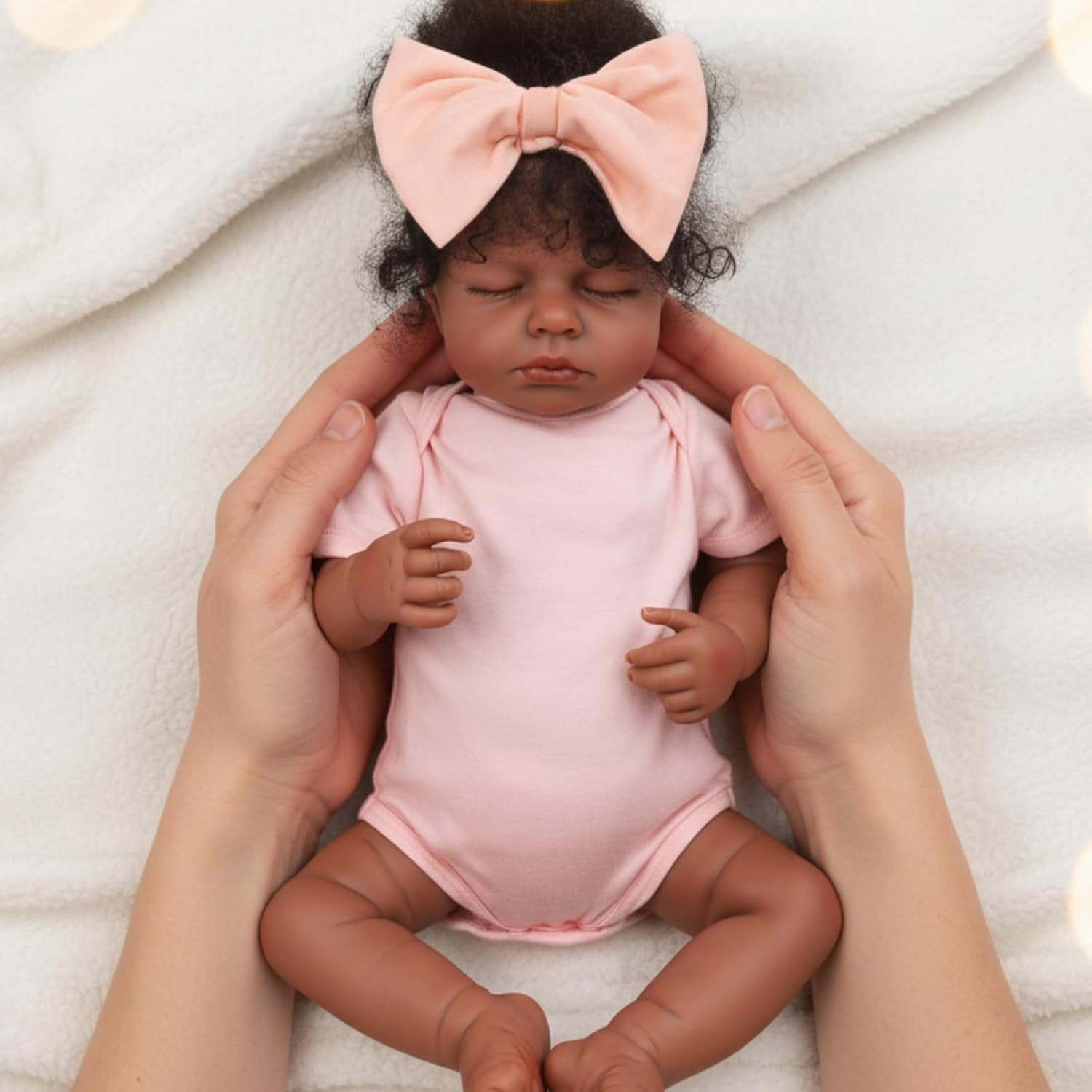18 Inch Realistic Black Reborn Baby Doll Closed Eyes – Lifelike African American Sleeping Baby Doll with Hand-Rooted Curly Hair & Soft Cloth Body, Realistic Newborn Gift for Kids and Collectors