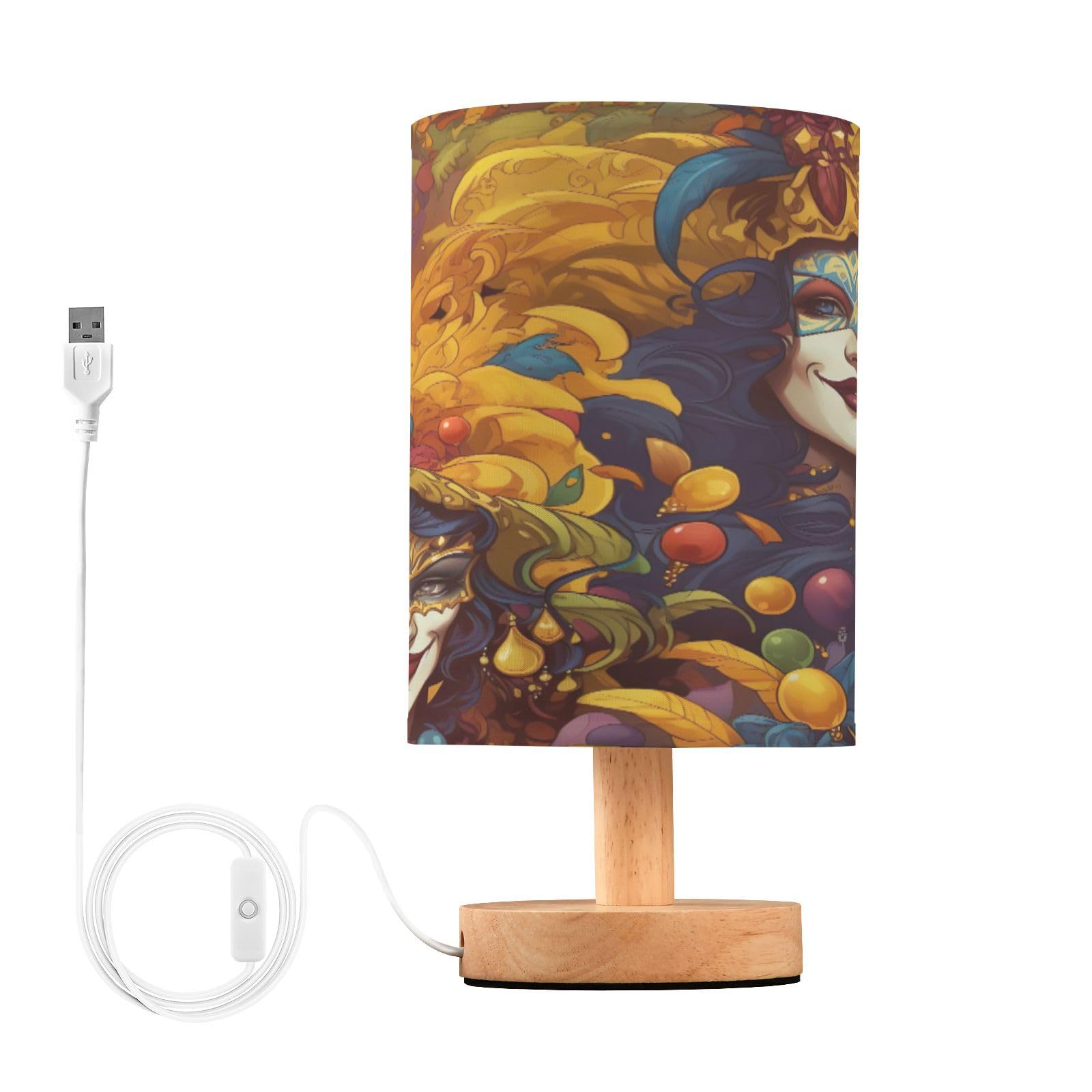 SDMKA Carnival Mardi Gras Bedside Table Lamp for Bedroom, Minimalist Nightstand Lamp with Round Fabric Shade for Living Room, Office, No Bulb Required