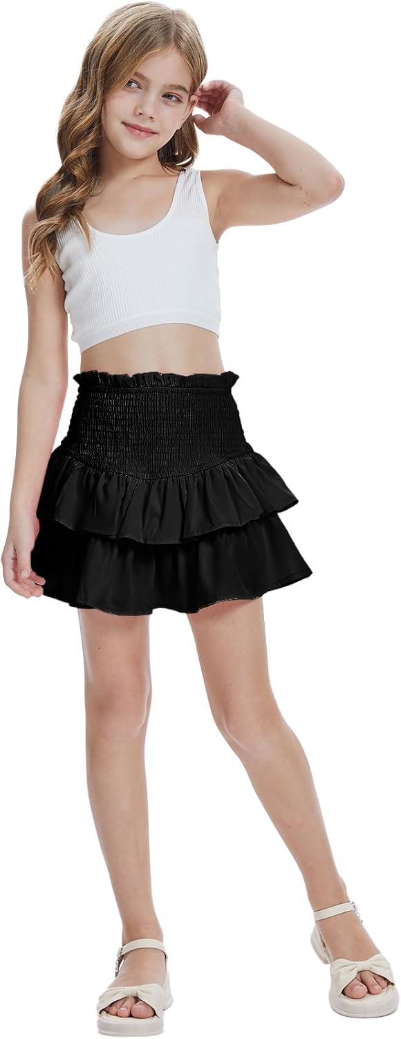 Girls Mini Skirts High Elastic Waisted Tiered Smocked Ruffle Skirt with Shorts US Size 4-15 - Image 6