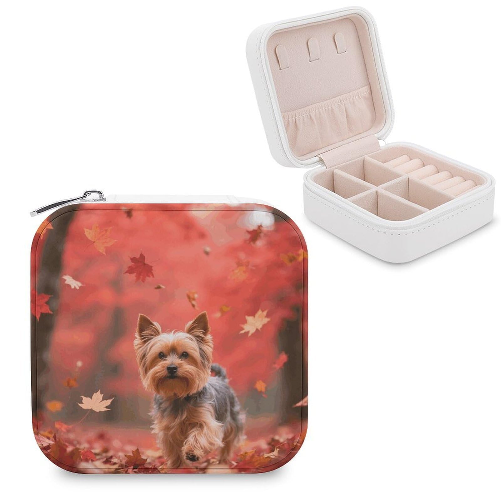 VstaDank Yorkshire Terrier in Maple Forest Jewelry Box for Women Jewelry Organizer Storage Case with Zipper Mini Travel Jewelry Case Cute Trinket Organizer Leather Portable Jewelry Storage Box