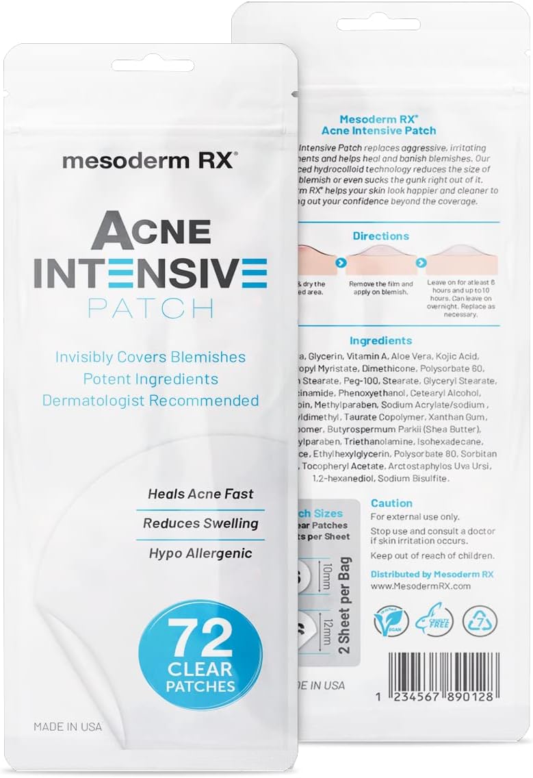 Mesoderm RX Acne Patch - Hydrocolloid Acne Pimple Patch for Zits and Blemishes, Spot Treatment Stickers for Face and Skin, Vegan and Cruelty Free (72 Count)