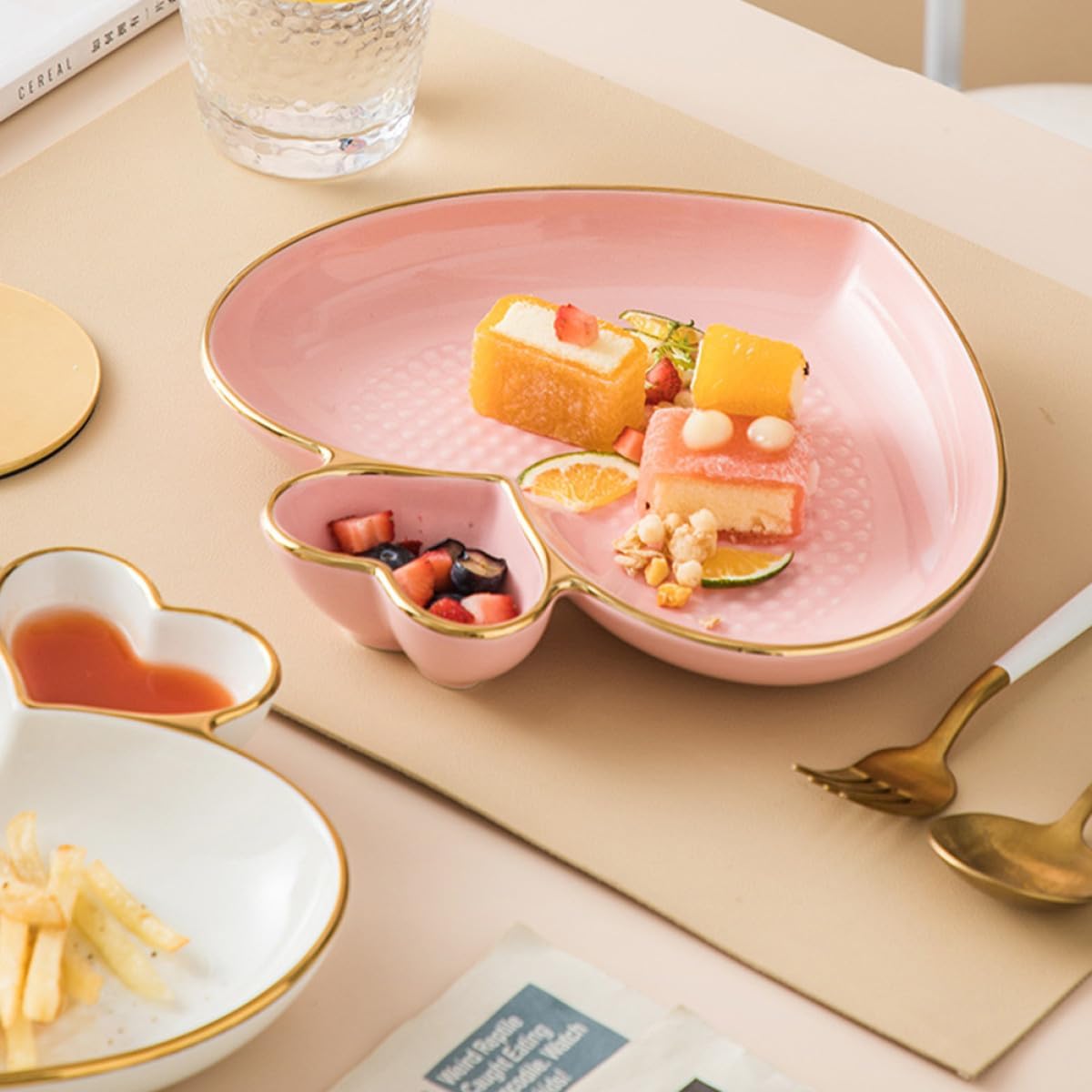 Zerodeko Ceramic Dumpling Plate Heart Shaped Dessert Plate with Pink Gold Rim Porcelain Snack Serving Dish for Home Kitchen Dining
