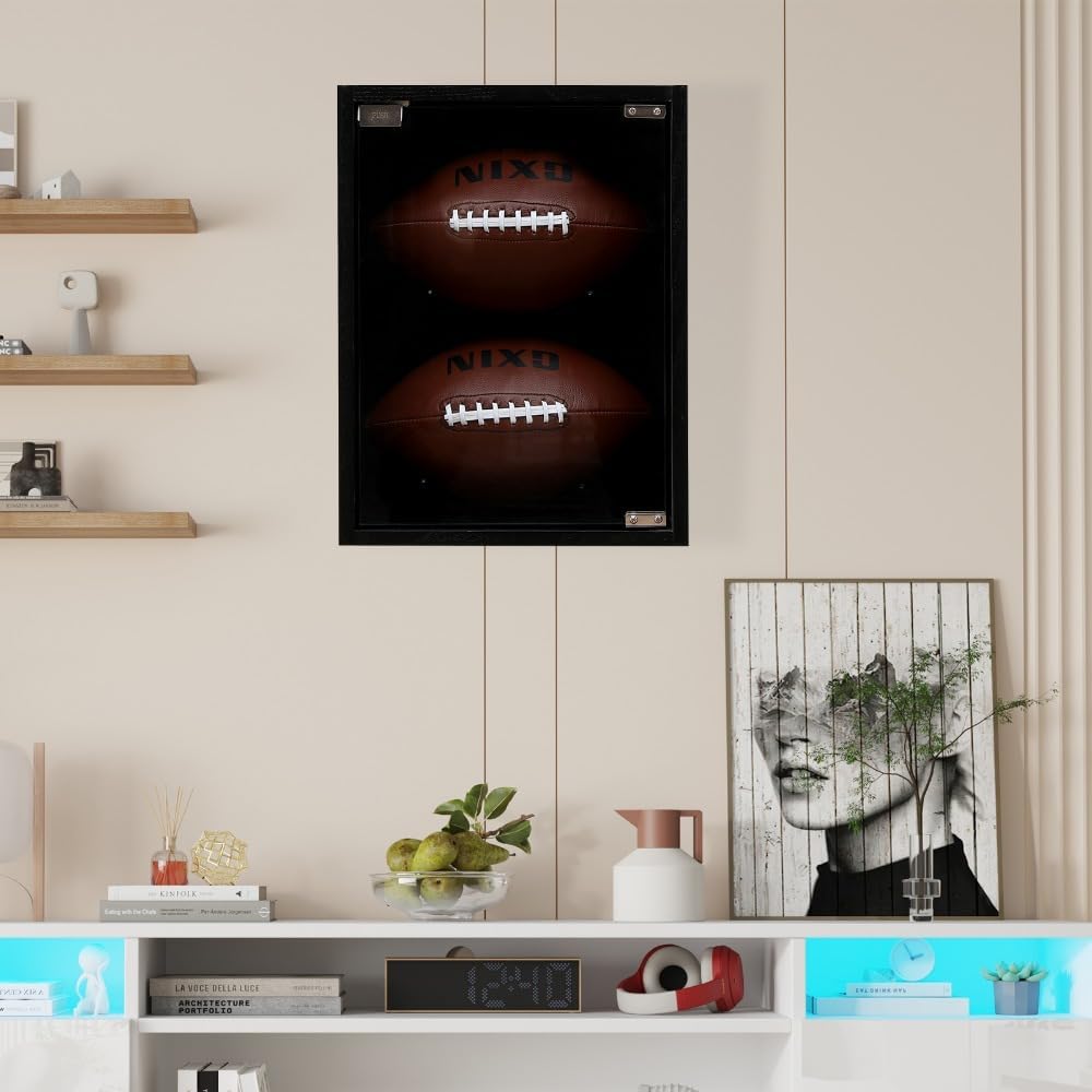 2 Football Display Case, Wall Mount Full Size Rugby Holders for Balls Display, Lockable Clear View Full Size Memorabilia UV Acrylic Door, Black