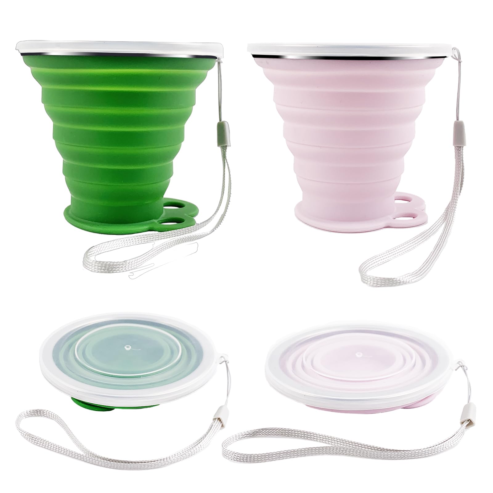 2 Pack Silicone Foldable Cup,Silicone Collapsible Travel Cup,Portable Collapsible Travel Mugs with Plastic Sealing Lid,Reusable Portable Cup Set for Picnic,Camping,Outdoor Hiking(pink and green)