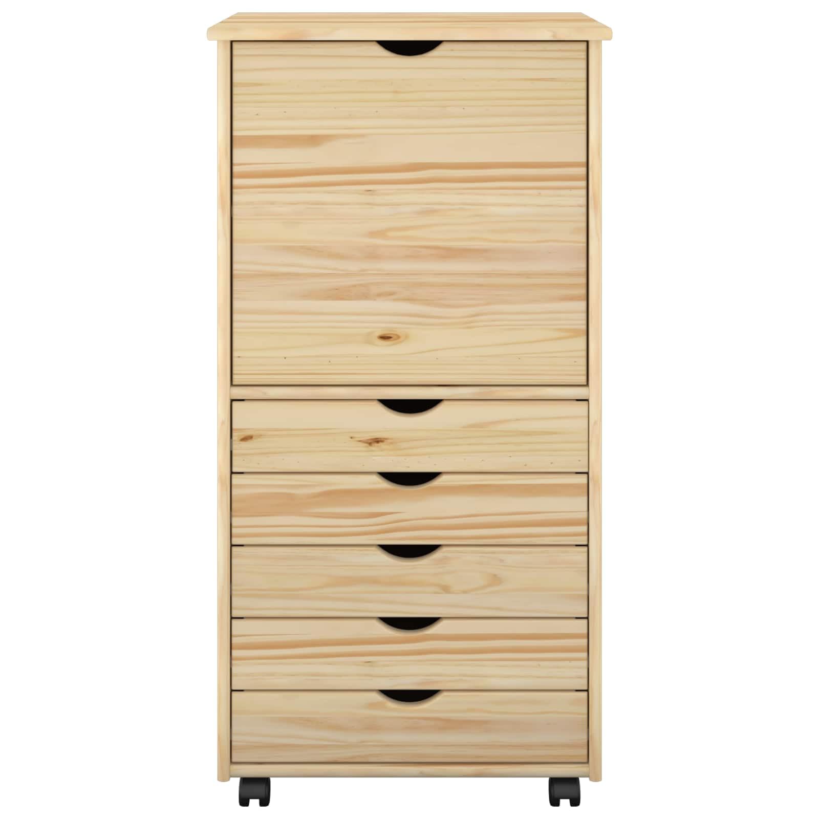 Armadio con ruote marrone in legno massello di pino 53 x 39 x 103 cm con 5 cassetti e mensola per ufficio, officina, guardaroba e spazio