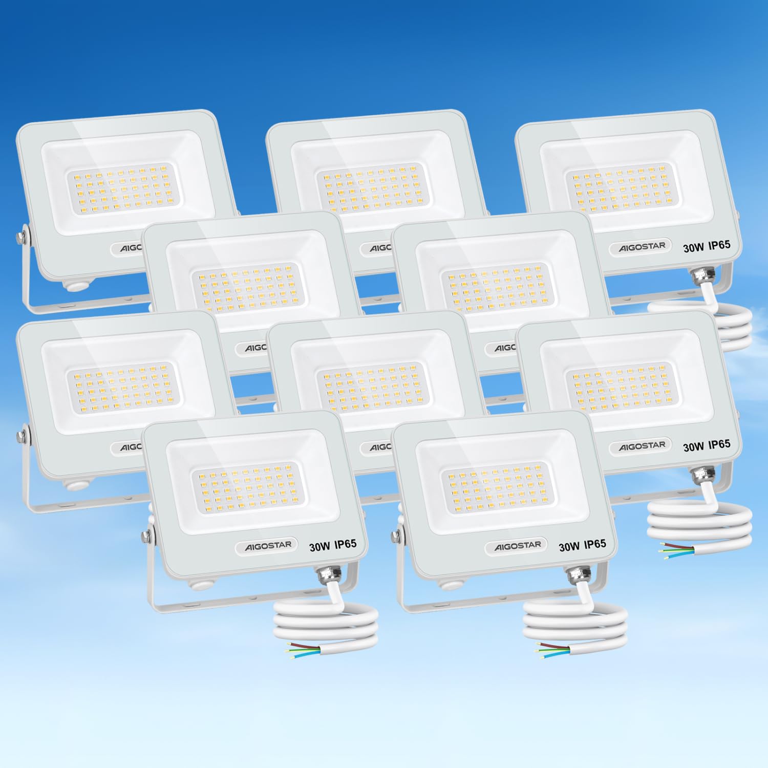 Aigostar Foco LED Exterior 30w, 2450LM Foco Proyector LED, IP65 Impermeable Luz de Seguridad, Natural 4000K Luces exterior, Para Jardín, Patio, Garaje, Paquete de 10