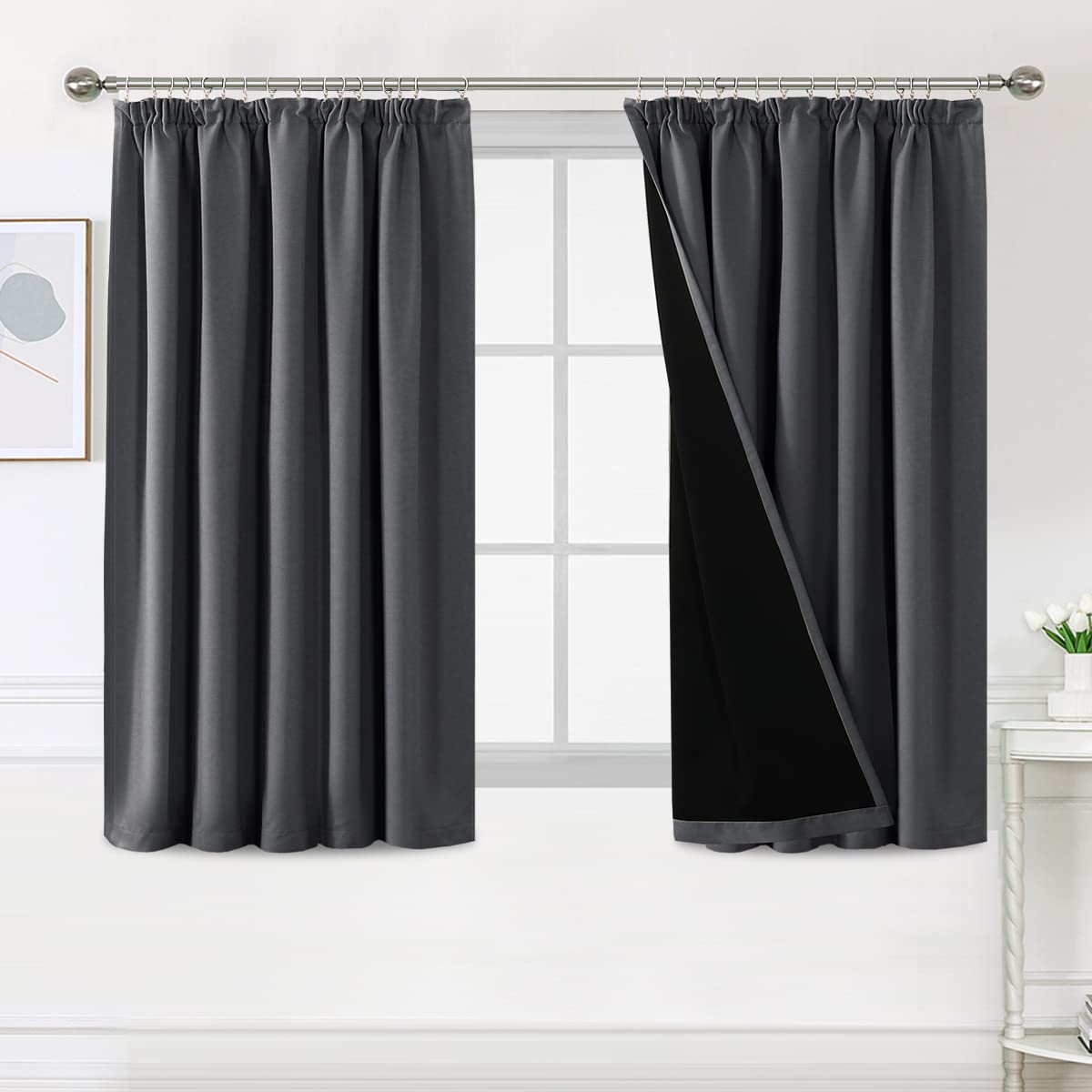 Bellahills Charcoal Grey 100% Blackout Curtains For Bedroom Thermal Insulated Curtains & Drapes Blackout Curtains Pencil Pleat Curtains For Living Room With Black Liner 2 Panels, 46 X 54 Inch,