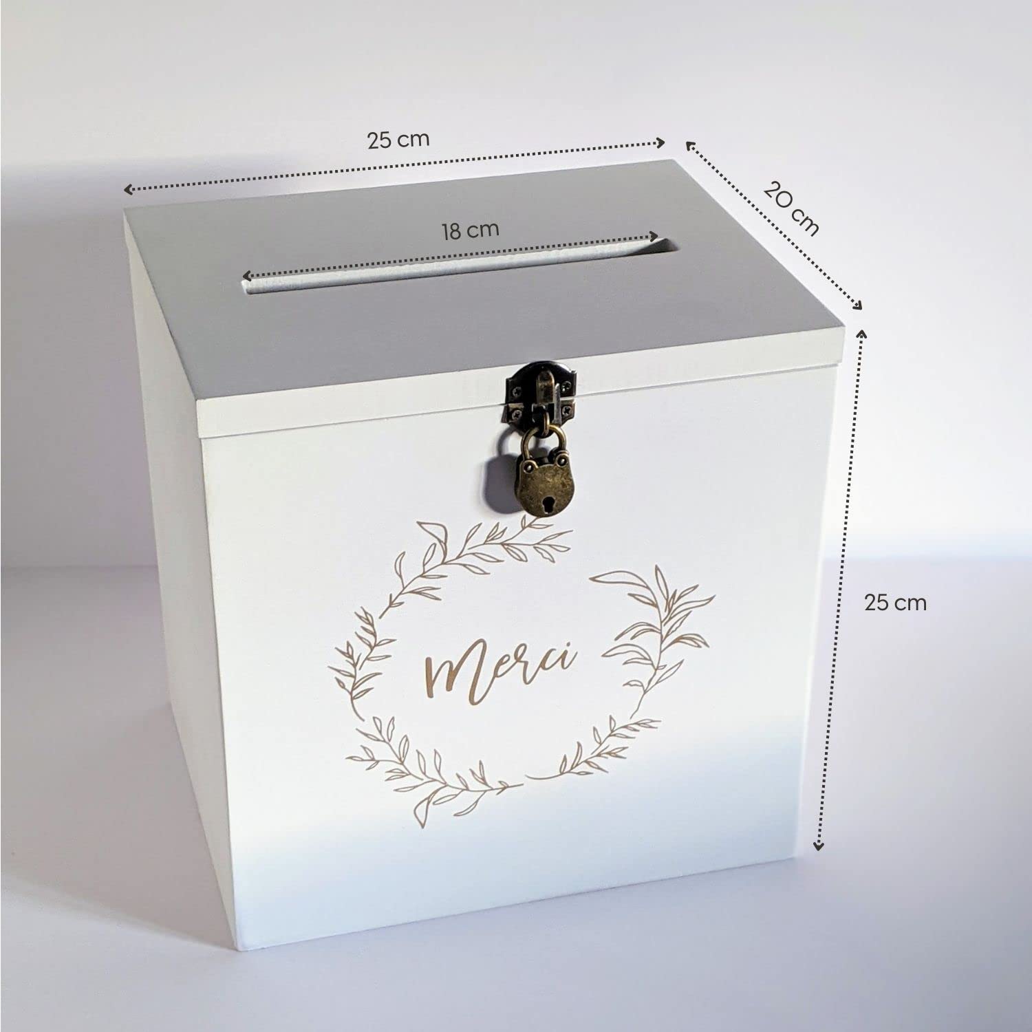 Gran urna de madera blanca gracias con candado | 25 x 25 x 20 cm | Urna boda, PACS, cumpleaños, Baby-Shower, Bapteme, comunión, retiro (...) - Regalos invitados boda