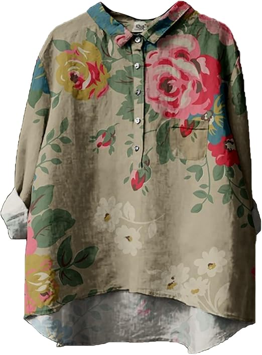 Womens Button Down Blouses Novel Lapel Neck Tees Shirt Linen Long Sleeve Shirts Graphic Printed Loose Fit Tee Tops