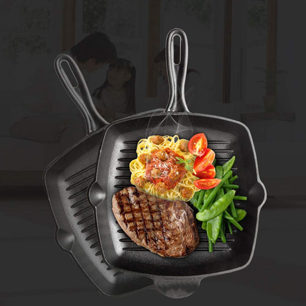 Quadratische Grillpfanne aus Gusseisen, quadratische Bratpfanne/fettfreie Fritteuse, & Elektroherde, zum Braten von Steaks, BBQ-Bratpfanne, schwarz