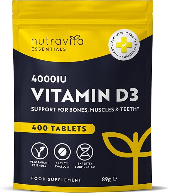 Vitamin D Tablets 4000 IU - Vegetarian Vitamin D3 4000 IU - 400 VIT D Tablets - High Strength Vitamin D 1 Year Supply - Supports The Immune System and Bone Health - Made in The UK by Nutravita