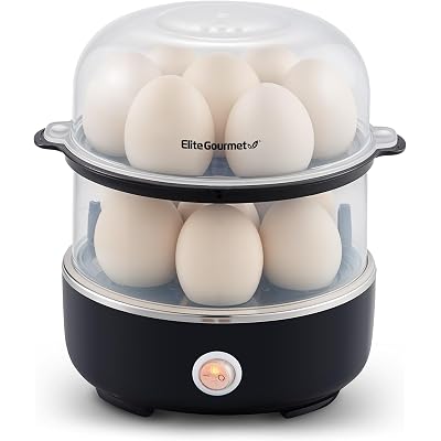 Elite Gourmet EGC1215B Easy Egg Cooker, Stainless-steel Heating Plate, Two-Tiered, 14-Egg Capacity, Soft, Medium, Hard-Boiled, Auto Shut-Off, Omelets, Poached Eggs, Measuring Cup, Piercing Pin, Black