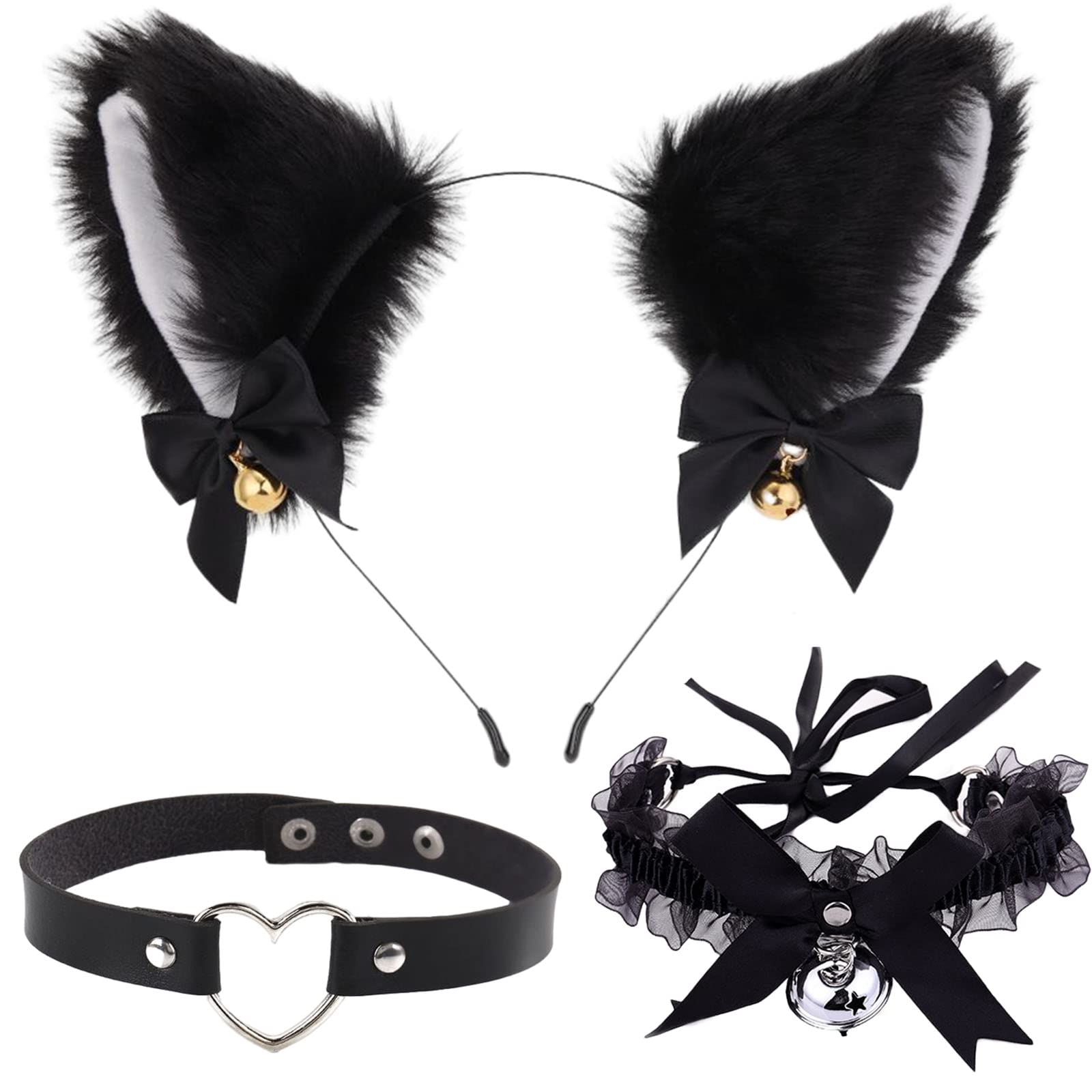 Opaska do włosów z kocimi uszami, opaska na włosy, opaska na czoło, dzwoneczek, naszyjnik ze skóry PU, punk, choker, naszyjniki, koło, ozdoba do włosów na imprezę, do kostiumu, 3 sztuki, czarny, jeden rozmiar