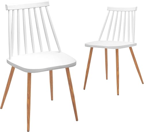 CangLong Asiento y respaldo de plástico con patas de metal Silla de comedor (juego de 2), color blanco