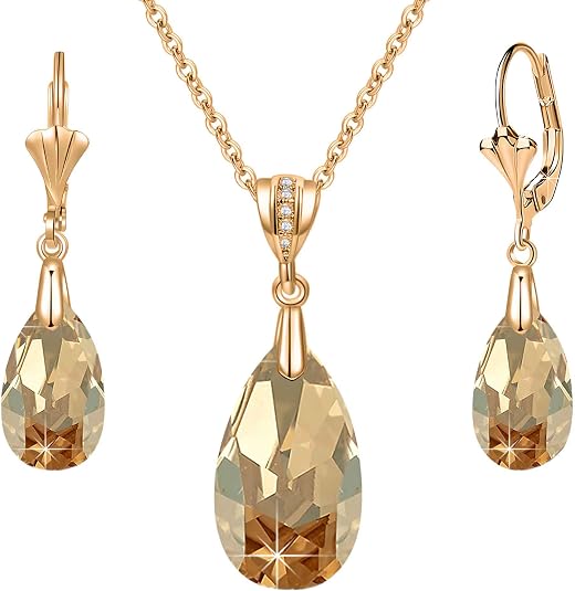 EVEVIC Crystal Teardrop Jewelry Set – 14K Gold Plated Necklace & Earrings