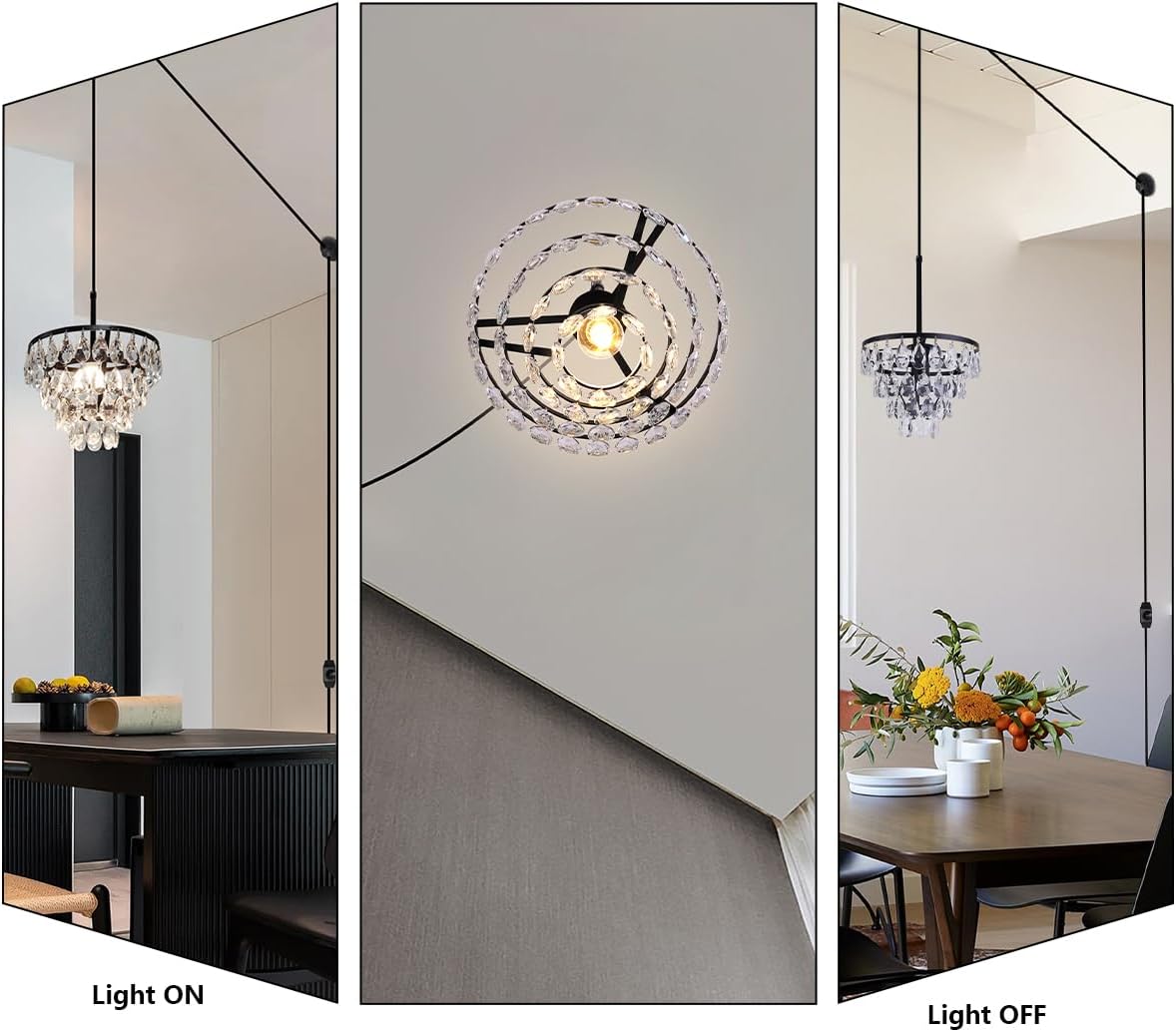 Sedelan Plug in Chandelier, Crystal Hanging Lamp, Mini Hanging Lights with Plug in Cord for Closet Bedroom, Modern Pendant Light Fixtures, Adjustable Height Black