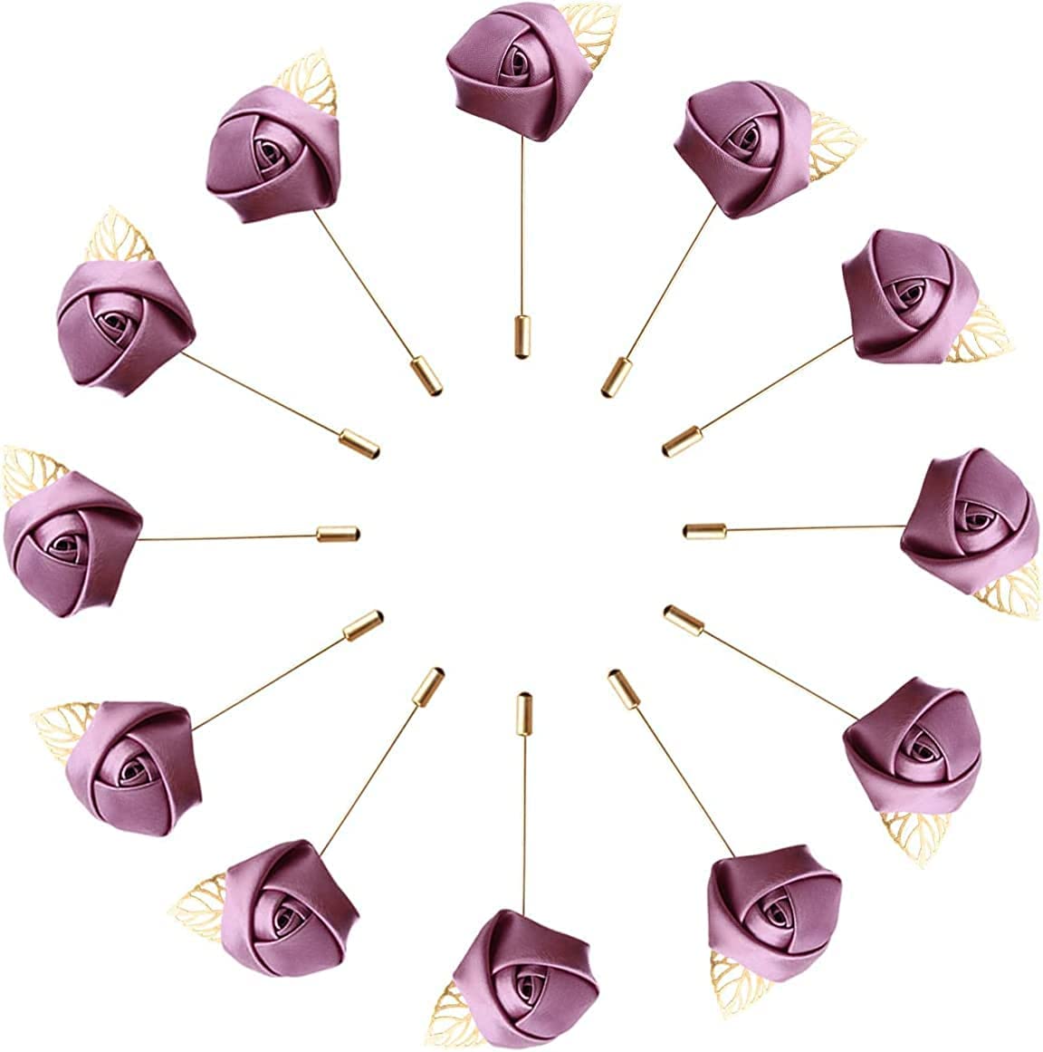 HAOSHICS 12Pcs Artificial Rose Flower Pins, Groom Suit Lapel Pin Flower Buttons, Men's Suit Corsages for Wedding, Party, Anniversary, Stage Performance Costume Decoration (Bean Paste Purple)