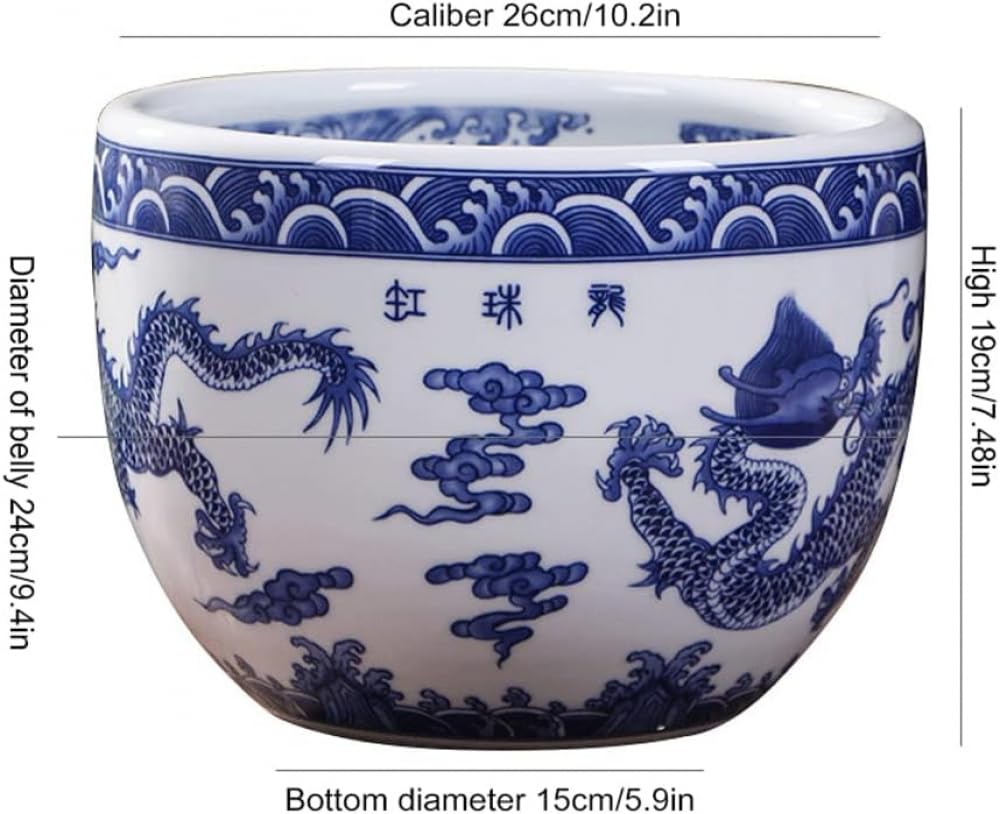 Handbemalte Blumentöpfe aus Keramik mit blau-weißem Drachenmuster im Chinoiserie-Stil, Retro-Füllhorn, chinesische hydroponische Pflanzgefäße aus nichtporöser Keramik, Bl(22 * 26CM)