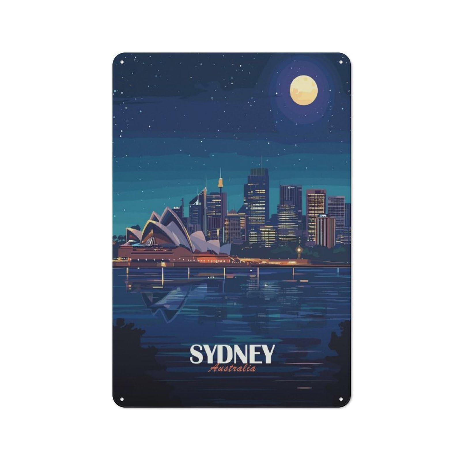 Junmoney Style-6 Tin Sign 30X20cm With Sydney Australia Night Skyline Illustration For Garage Wall, Retro-Style Decor, For Room Styling Across Garages And Workshops
