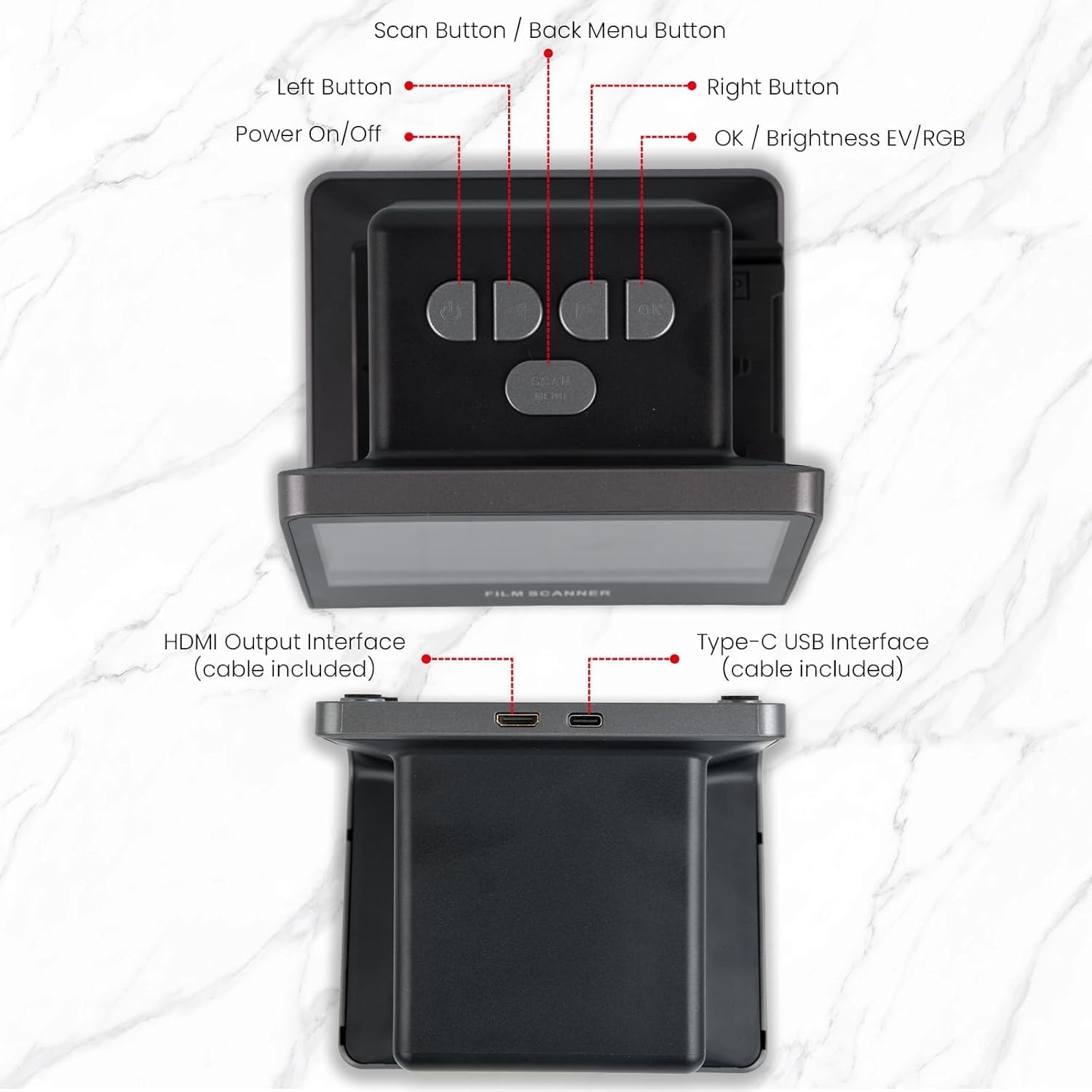 22MP Film and Slide Scanner with 5” LCD Screen, Convert 35mm/126/110 Color & B&W Negatives/Slides to High-Resolution JPEG Digital Photos