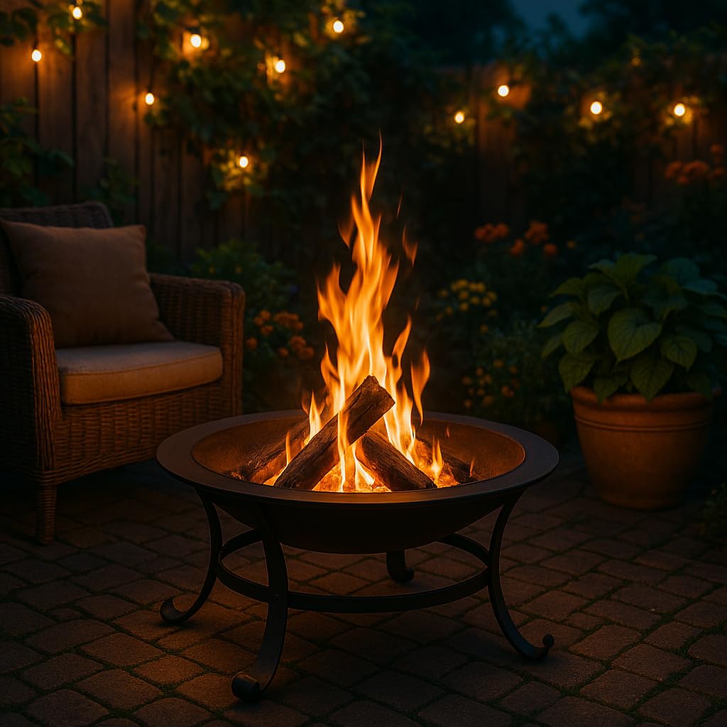 Großer Feuerkorb – Ø 76 x 53 cm – Mit Funkenschutz & Holzrost – Feuerschale für Garten, Terrasse & Camping – Stylische Schwarze Outdoor-Kaminkamin aus Metall – Holzbefeuerung – Mattschwarz