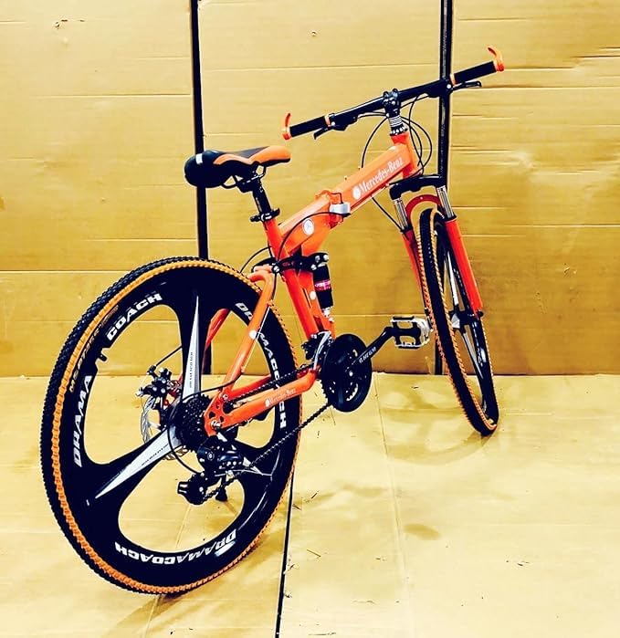 Image of Amaze Kai Dual Suspension Bikes Bm Foldable Gear Cycle for Men with 21 Speed Gear 6 Spoke | Folding Mountain Bike with Double Disc Break & Mac Wheel, 26 Inch, White N Black (Orange)