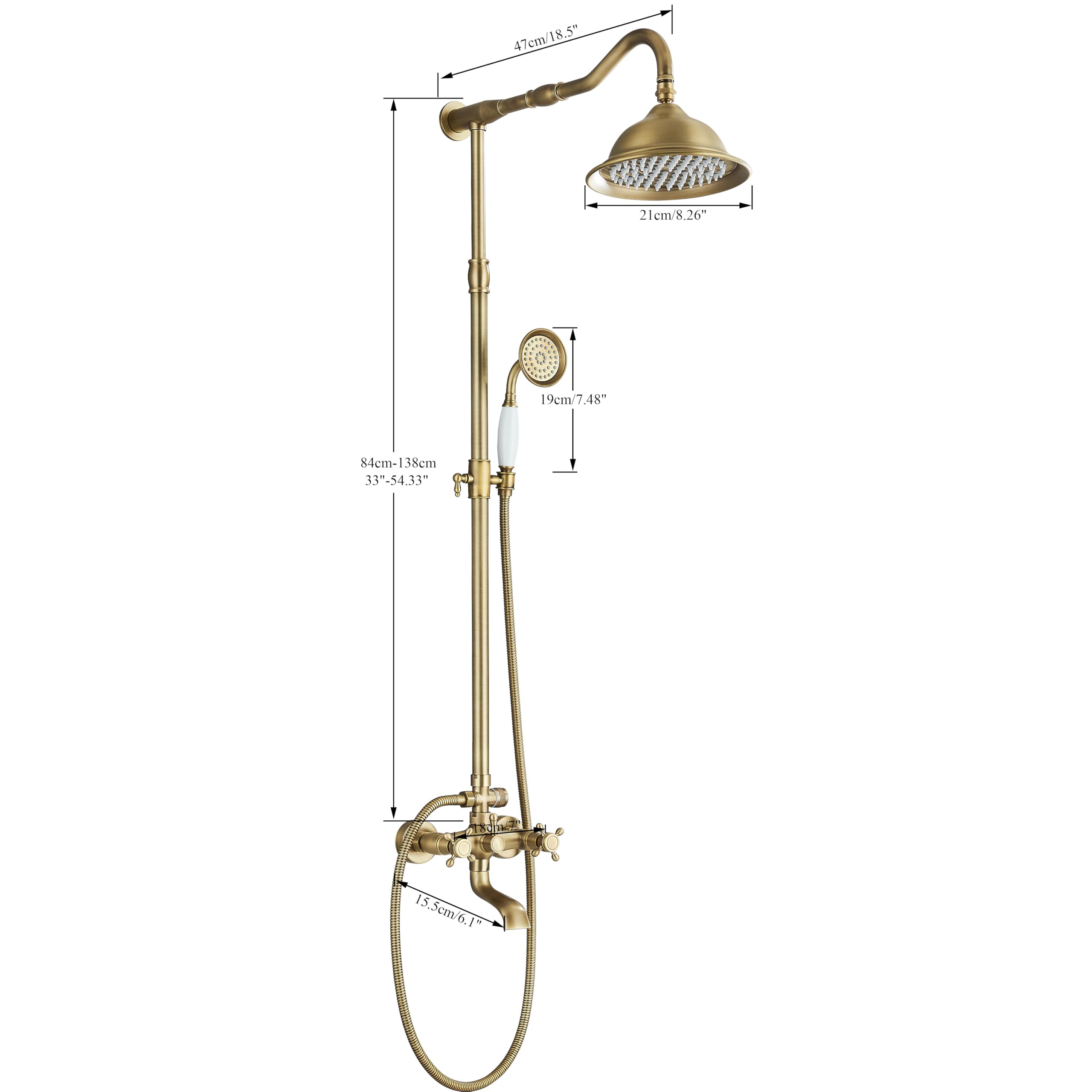 Grifo de ducha con cascada retro, 3 salidas, alcachofa superior de 8 pulgadas, ducha de mano + bañera de latón antiguo, kit con soporte extensible (100-135 cm)