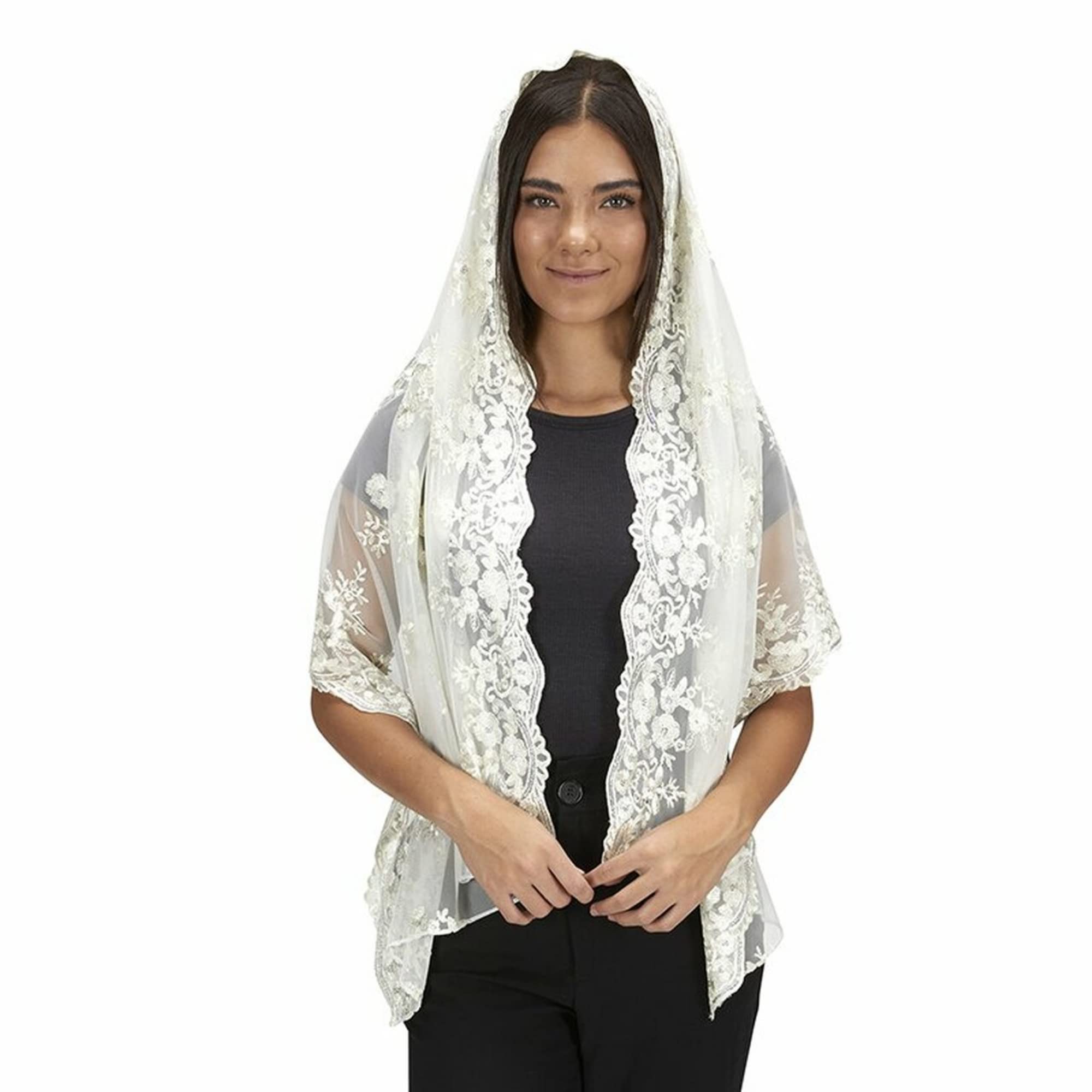 Needzo Long Chapel Veils for Church, Two Tone Ivory Veil for Catholic Mass, Traditional Lace Head Coverings for Women, 24 Inches