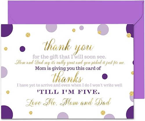 Paper Clever Party Tarjetas de agradecimiento moradas y doradas para baby shower con sobres, notas en blanco con mensaje precargado, personaliza