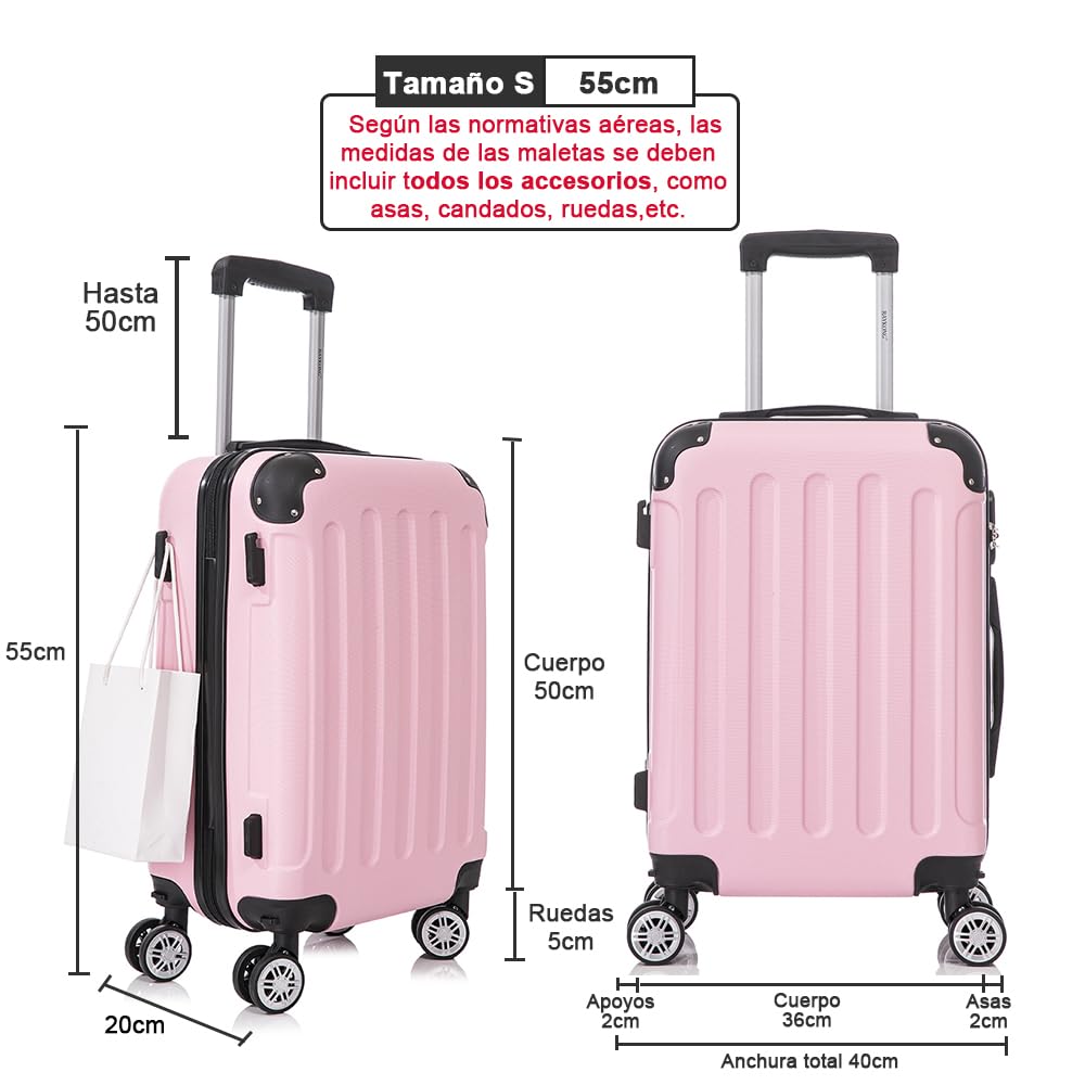 RAYKONG Maleta Cabina ABS 55x40x20cm (40L) - Trolley pequeña Equipaje de Mano - 4 Ruedas Dobles Giratorias 360ª - RosaClaro