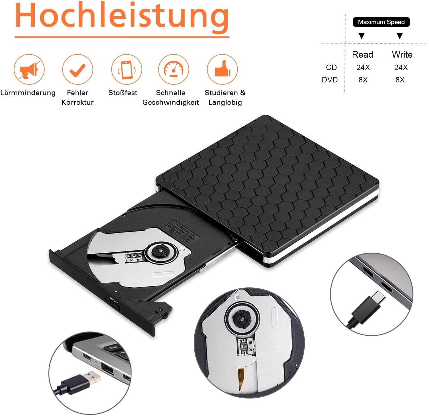 Amicool BT686 Napęd DVD, USB 3.0 Type-C CD DVD +/-RW, Czarny