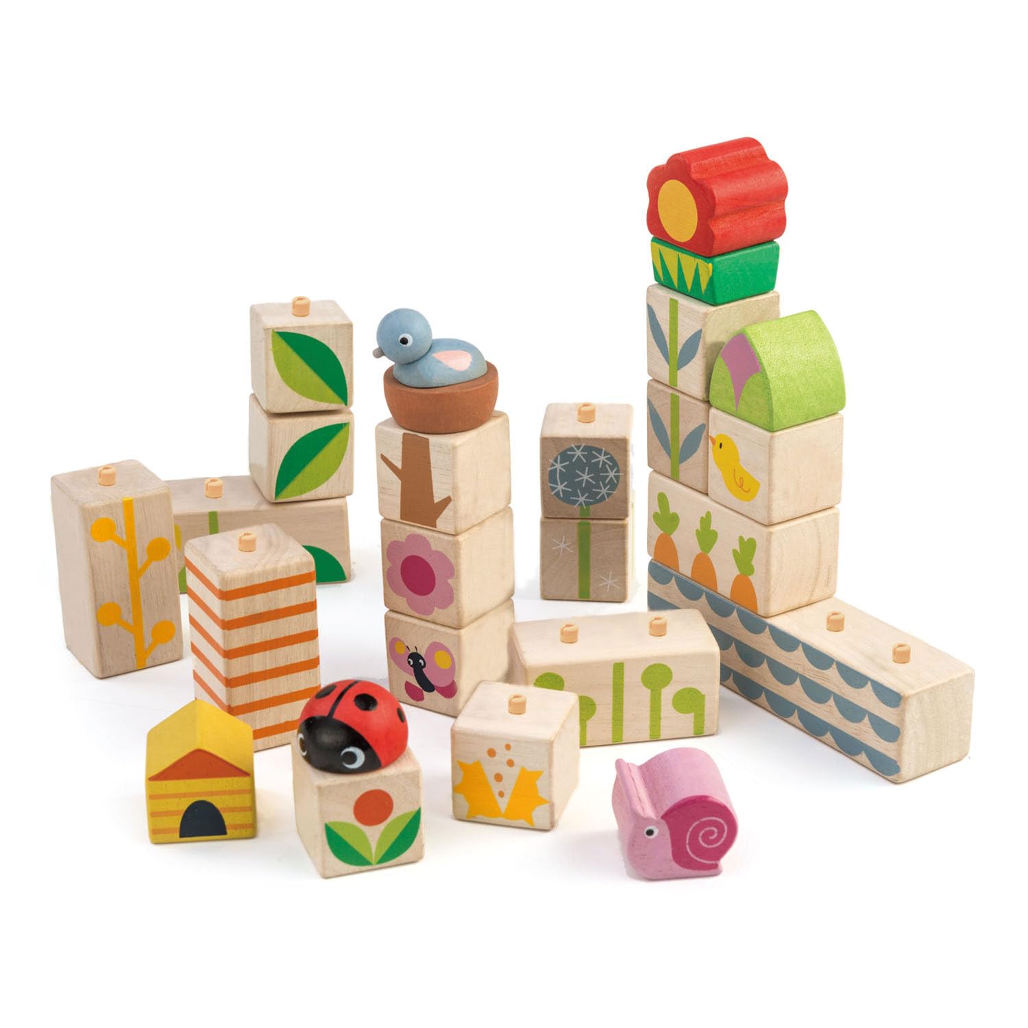 Tender Leaf Toys - Garden Blocks - 25 Pieces Decorative Garden Themed Wooden Stacking Blocks with Peg - Building Blocks, Hand-Eye Coordination Strength & Creative Play - Age 18m+