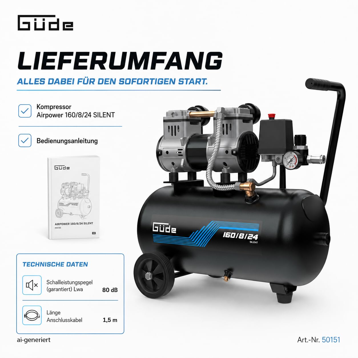 Güde Kompressor Airpower 160/8/24 SILENT, 1100 Watt Induktionsmotor, 8 bar