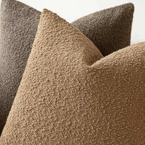 Image of Foindtower Set of 2, Decorative Textured Boucle Throw Pillow Covers Accent Solid Pillow Cases Neutral Soft Couch Cushion Case for Chair Sofa Bedroom Living Room Home Decor 26 x 26 Inch Rust Tobacco