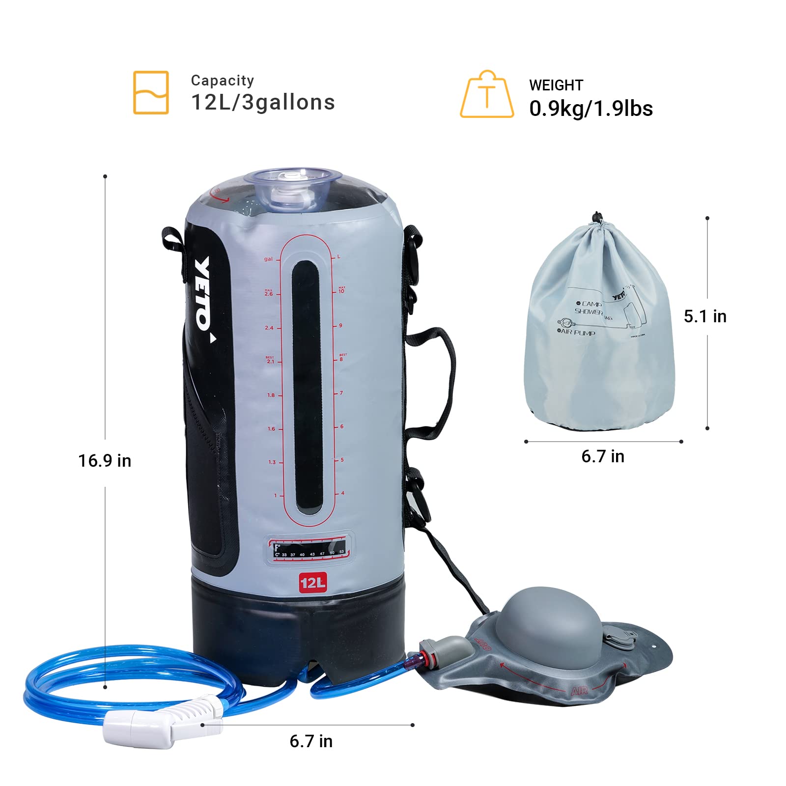 YETO Douche de camping portable de 12 L pour camping, douche solaire avec pompe à pied à pression et buse pratique, sac de douche de camping, gris, 12 l