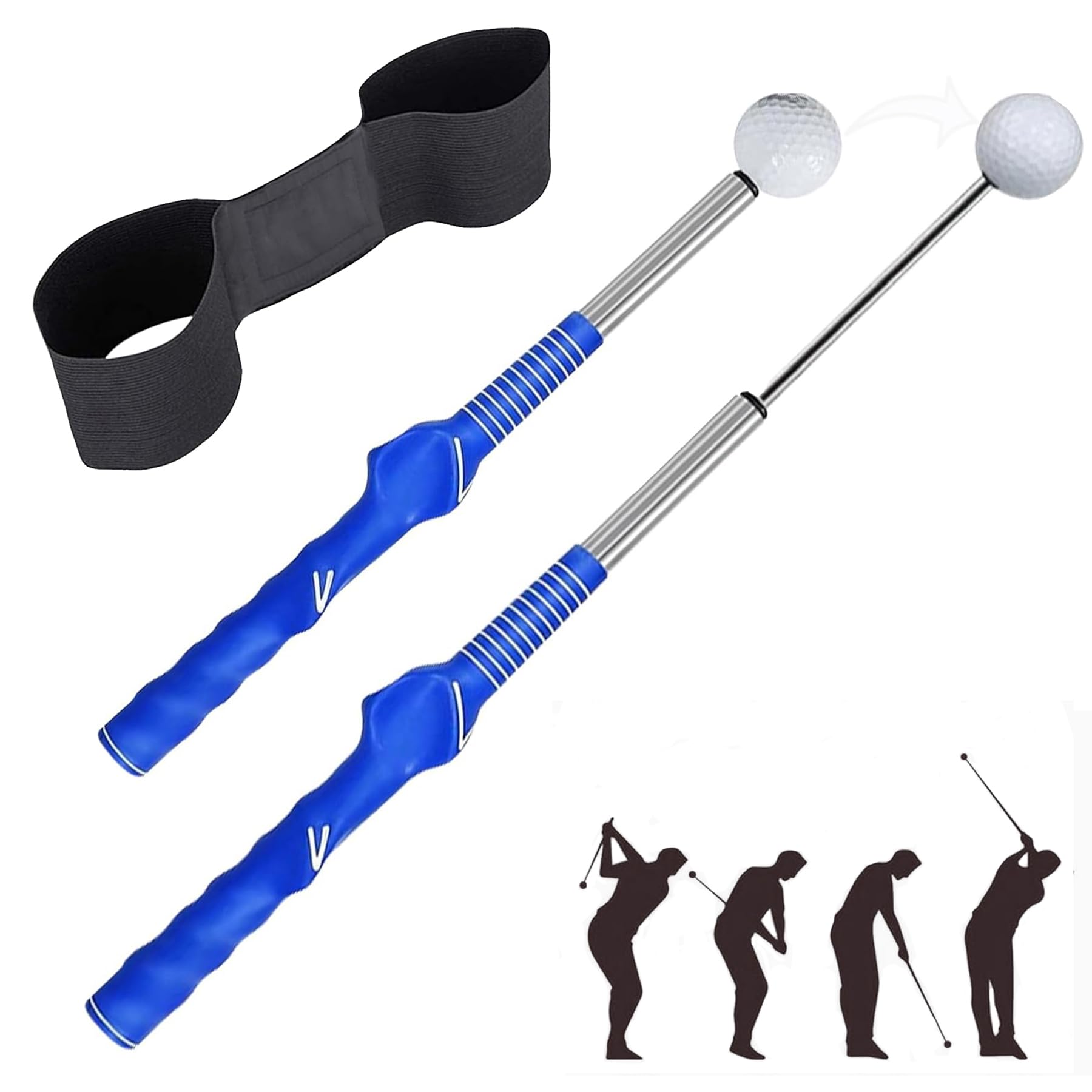 Golf club training kit with extendable swing trainer and arm posture correction strap, adjustable grip trainer, practice accessories suitable for beginners and professionals (blue).