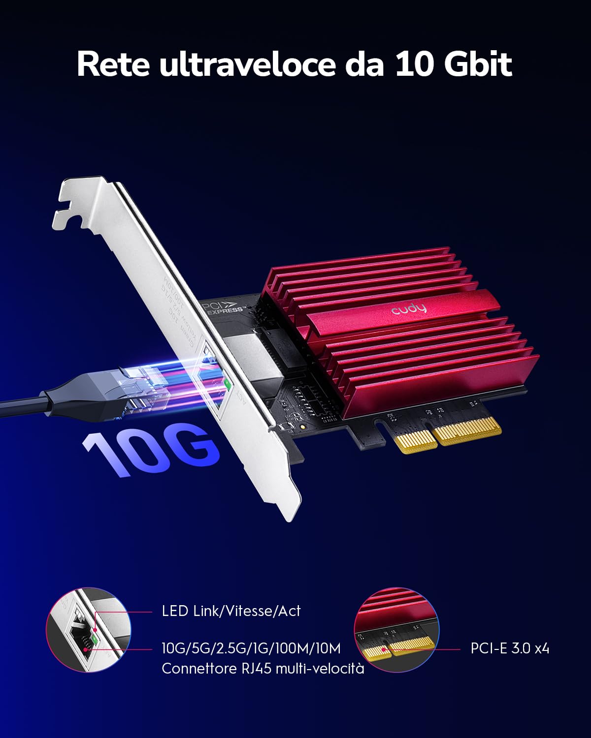 Cudy Scheda di rete PCIe da 10 GB, adattatore PCIe 10G Base-T, controllo del flusso, adattatore Ethernet da PCIe a 10 Gigabit, supporta Windows 11/10, WindowsServer 2022 e Linux, incluso cavo di rete