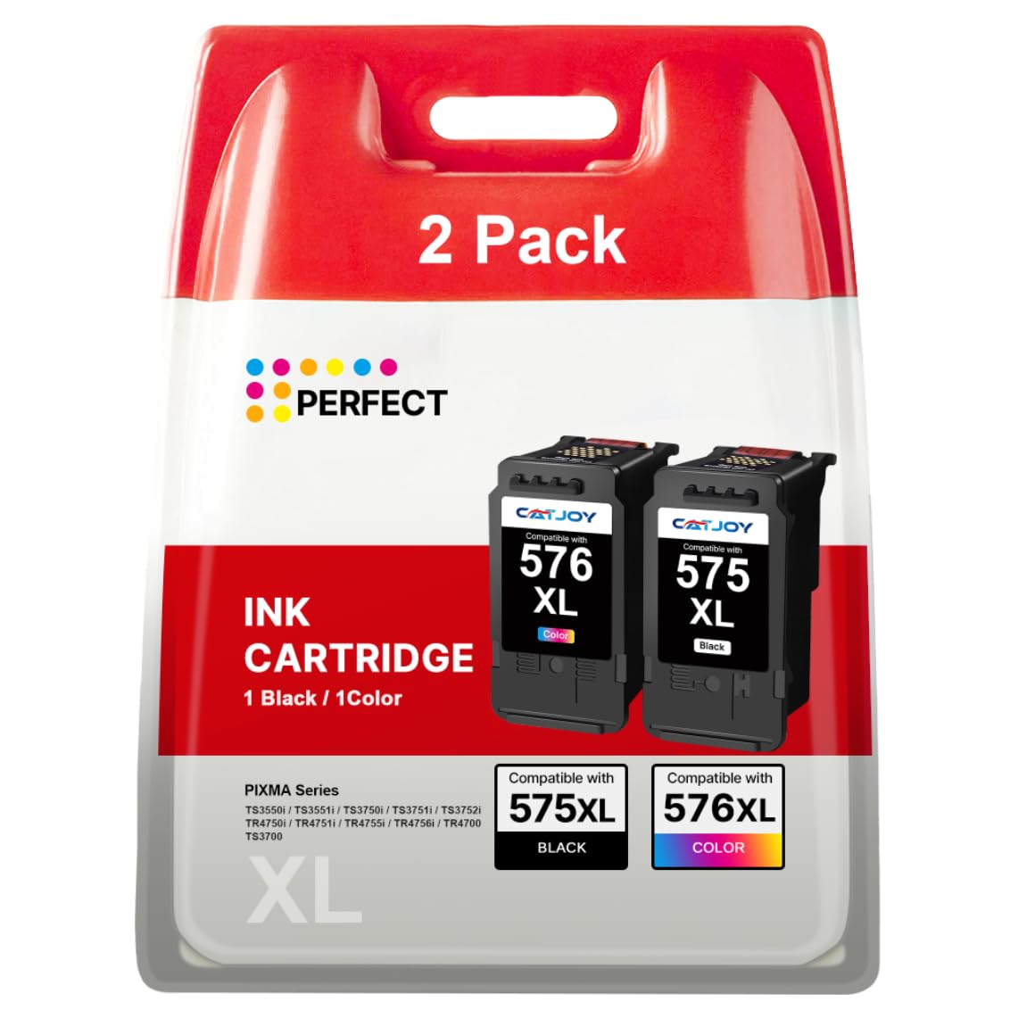 CATJOY PG-575XL CL-576XL Ink Cartridges，575XL 576XL Printer Cartridges Replacement for Canon 575 576 Ink Cartridges for Canon PIXMA TS3550i TR4750i TR4755i TS3750i TR4751i Printer (1*Black, 1*Colour)