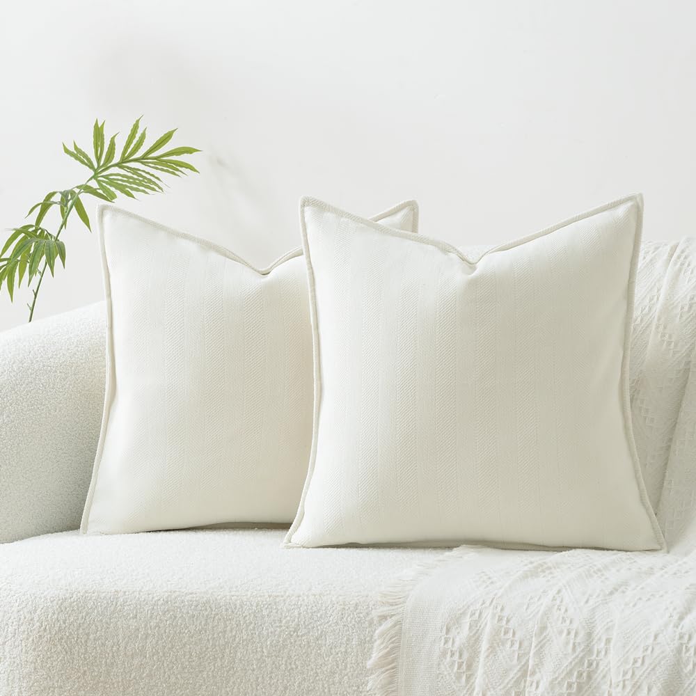 SanmetexDecorative Chevron Chenille Throw Pillow Covers 18x18 Set of 2, Striped Velvet Pillow Covers, Modern Square Cushion Covers with Stitched Edge for Sofa Bed Bedroom Cream White